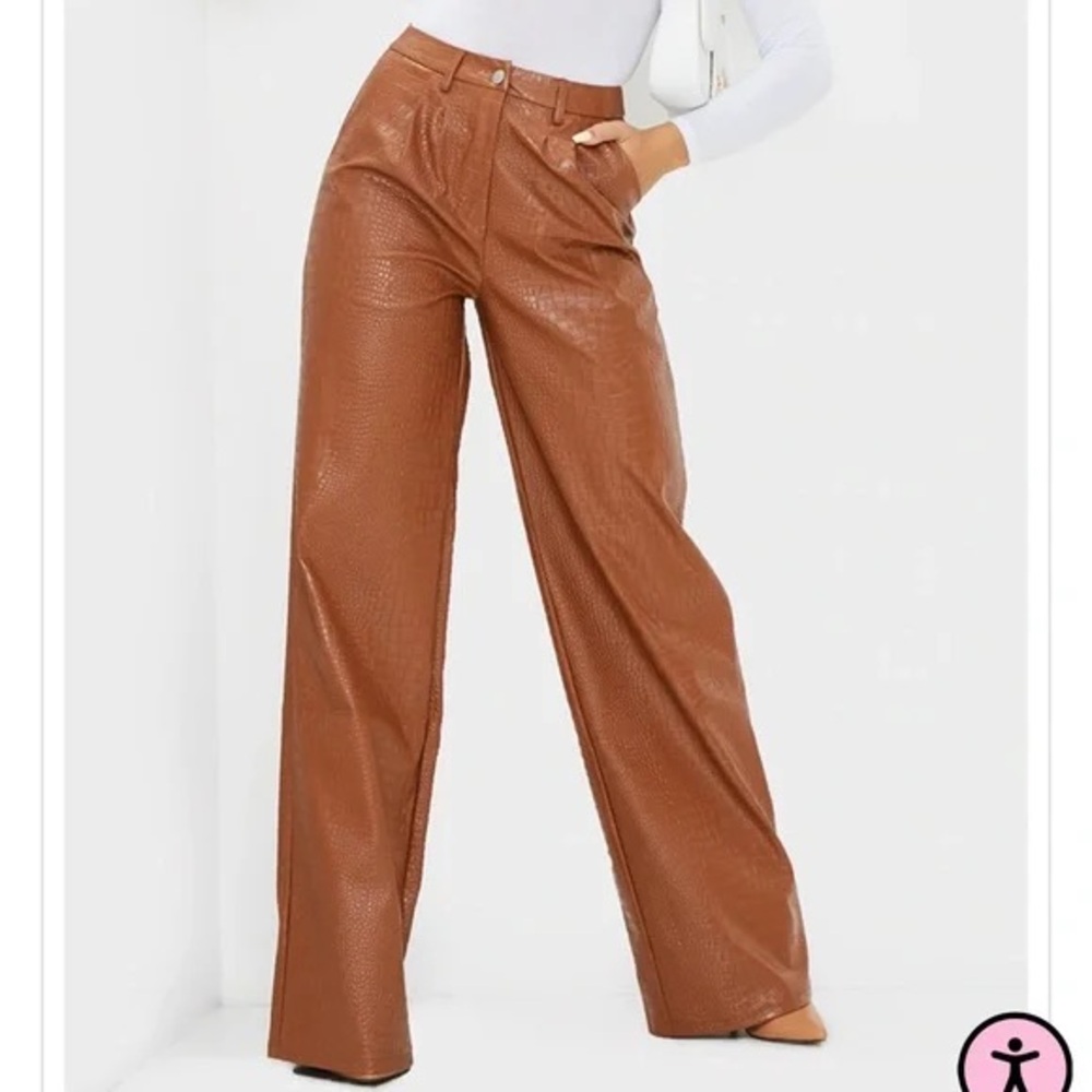 PLT pants Chocolate‎ brown Croc Faux Leather Wide Leg neutral statement vegan 10